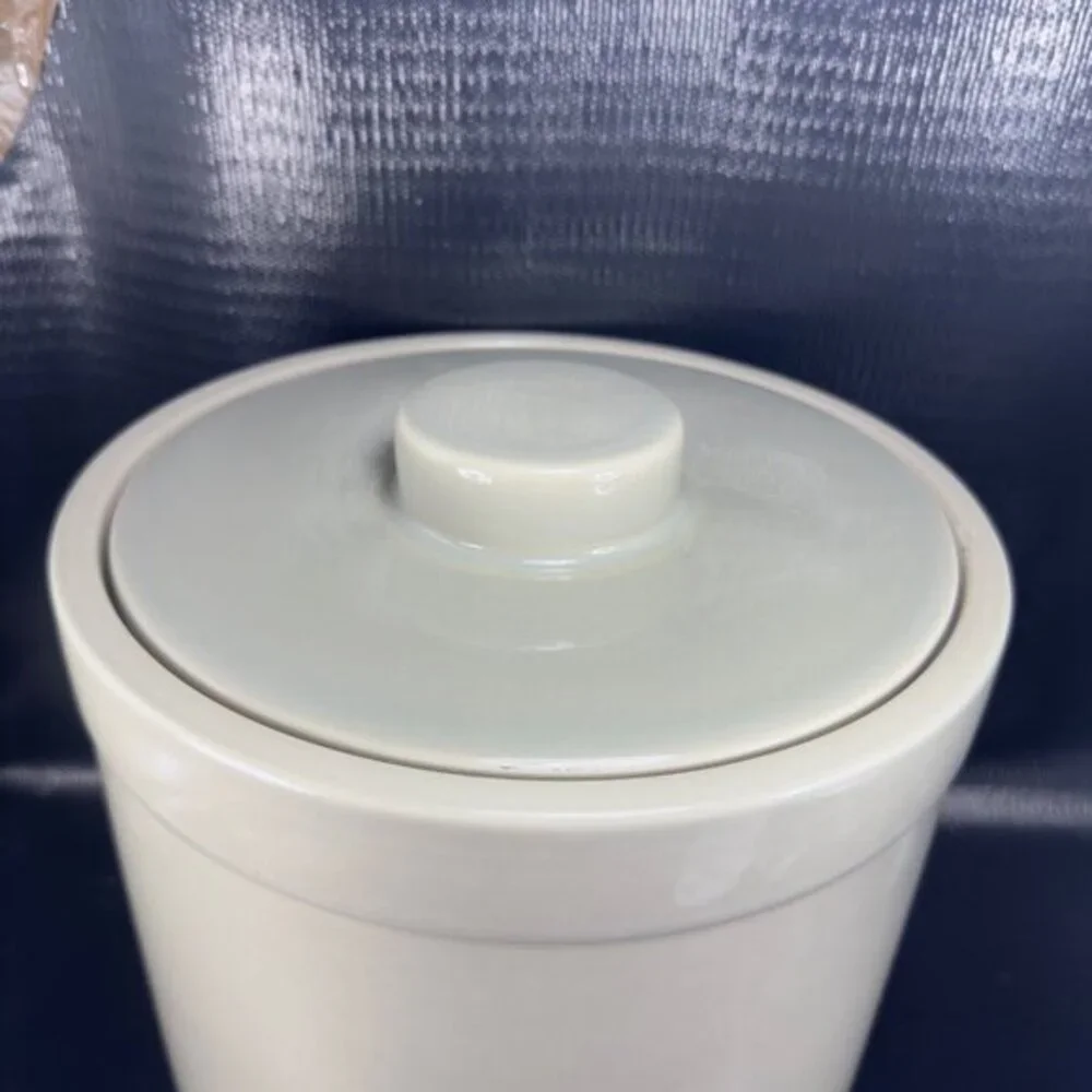West Elm Tan Stoneware Pottery Heavy Large Canister Container Crock With Lid VTG